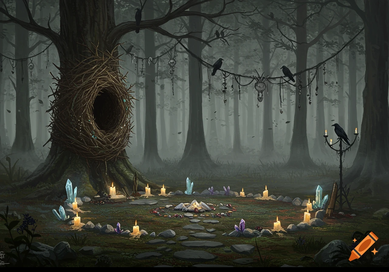 Mystical forest clearing with large tree nest, ritual circle of candles ...