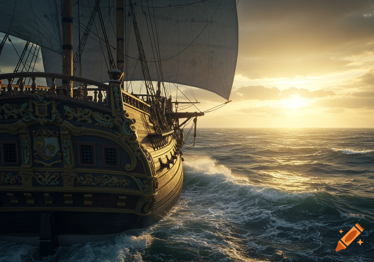 A 1700s style frigate sails on a rough sea at sunset.