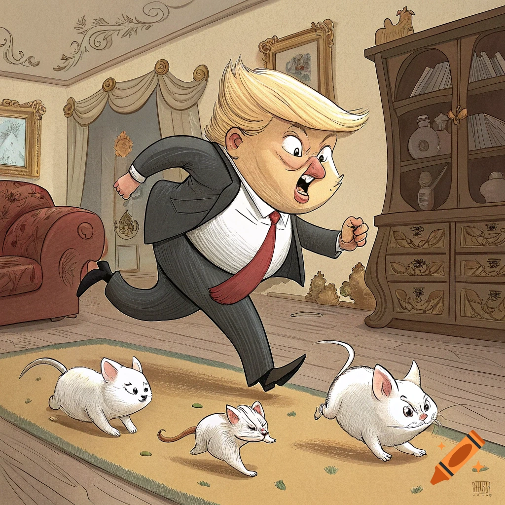 A cartoon caricature of Donald Trump running in fear from three small mice.