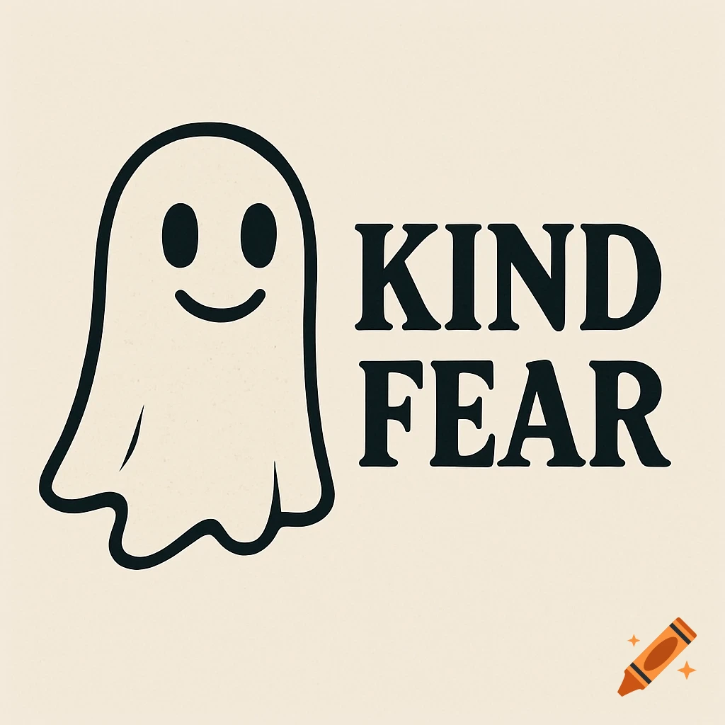 A black and white logo featuring a friendly ghost next to the text KIND FEAR on a light background.