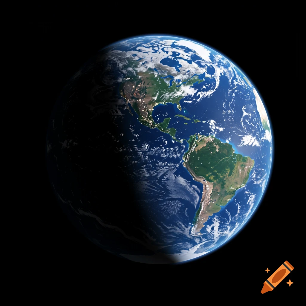 A detailed view of Earth from space showing continents, clouds, and city lights against a black background.