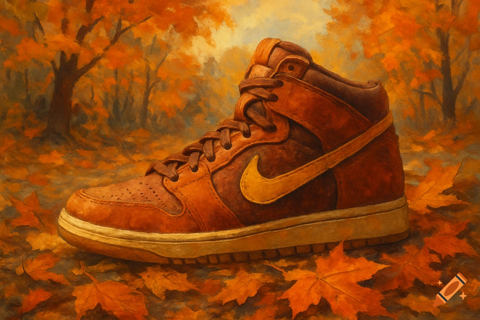 High-top sneaker among fallen leaves in an autumn forest, painterly style.