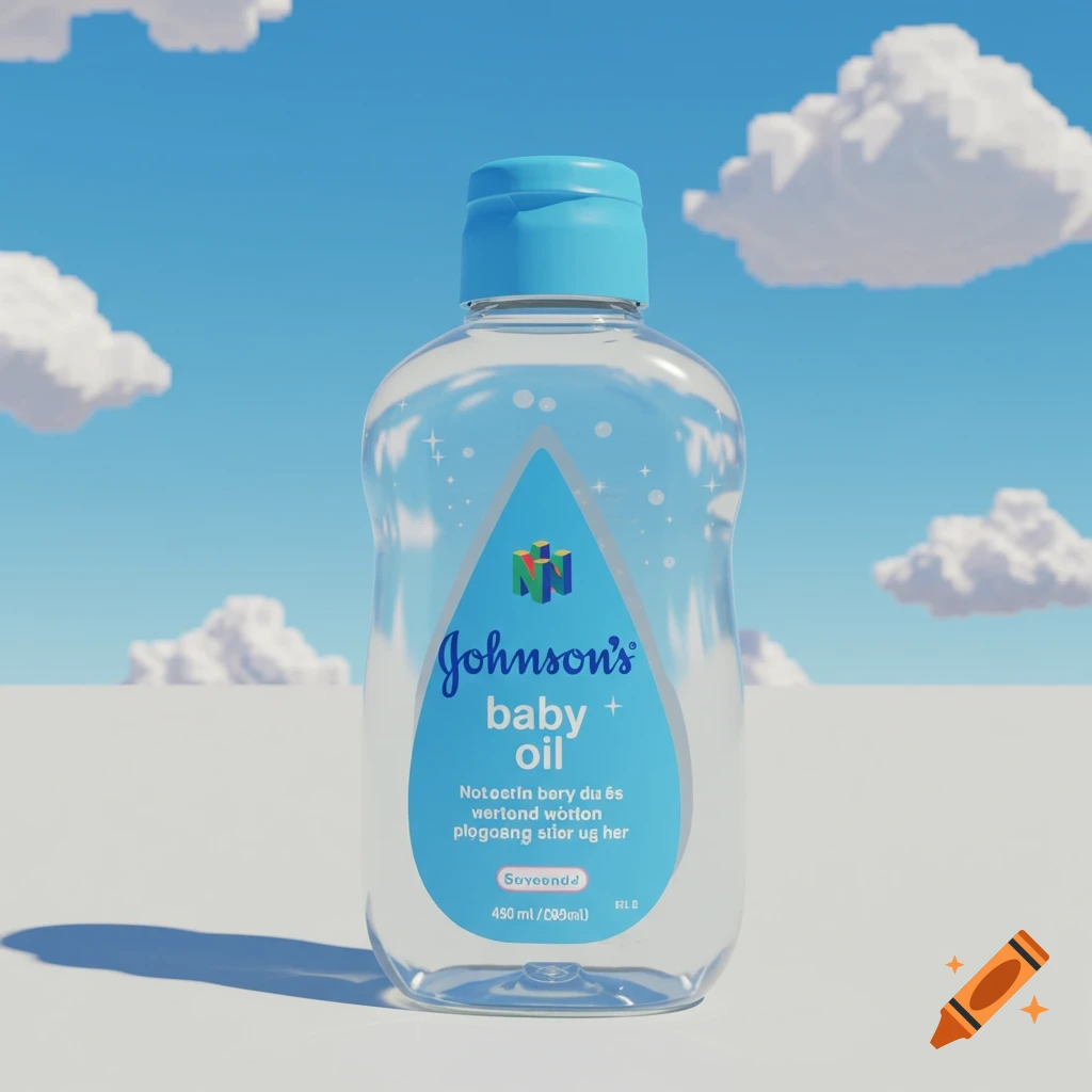 N64 style graphic of a Johnson's baby oil bottle against a sky background