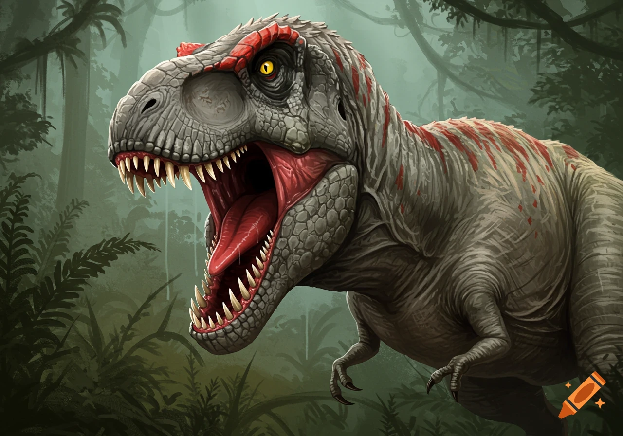 Stylized T-Rex roaring in a dense jungle setting.