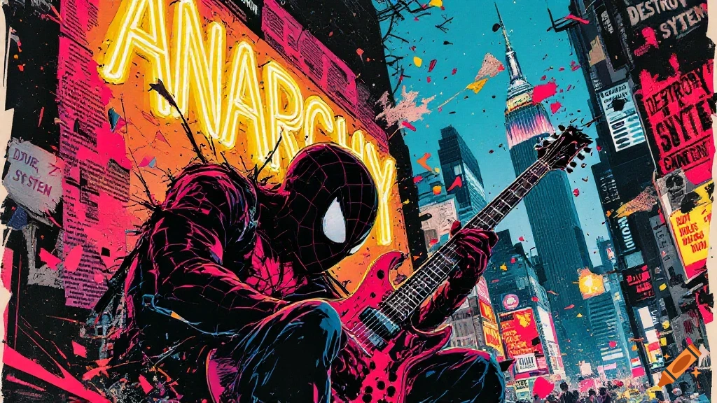 Spider-Punk plays an electric guitar in a vibrant, distressed punk style cityscape with neon signs.