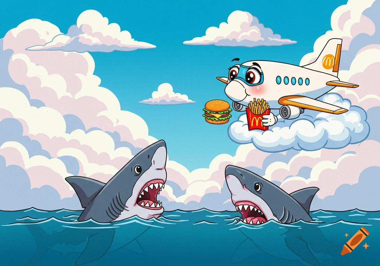 Cartoon airplane holding McDonald's food looks down at two sharks in the ocean.