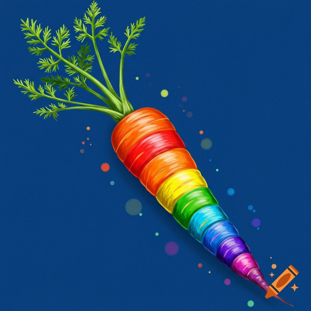 A colorful illustration of a rainbow carrot on a dark blue background with bokeh dots.
