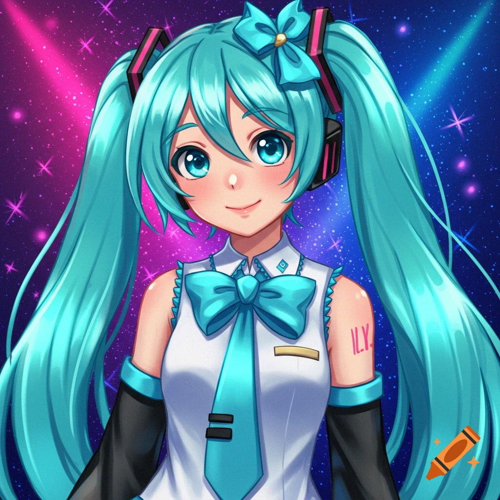 Anime girl with blue twin tails and headphones in a sparkly background