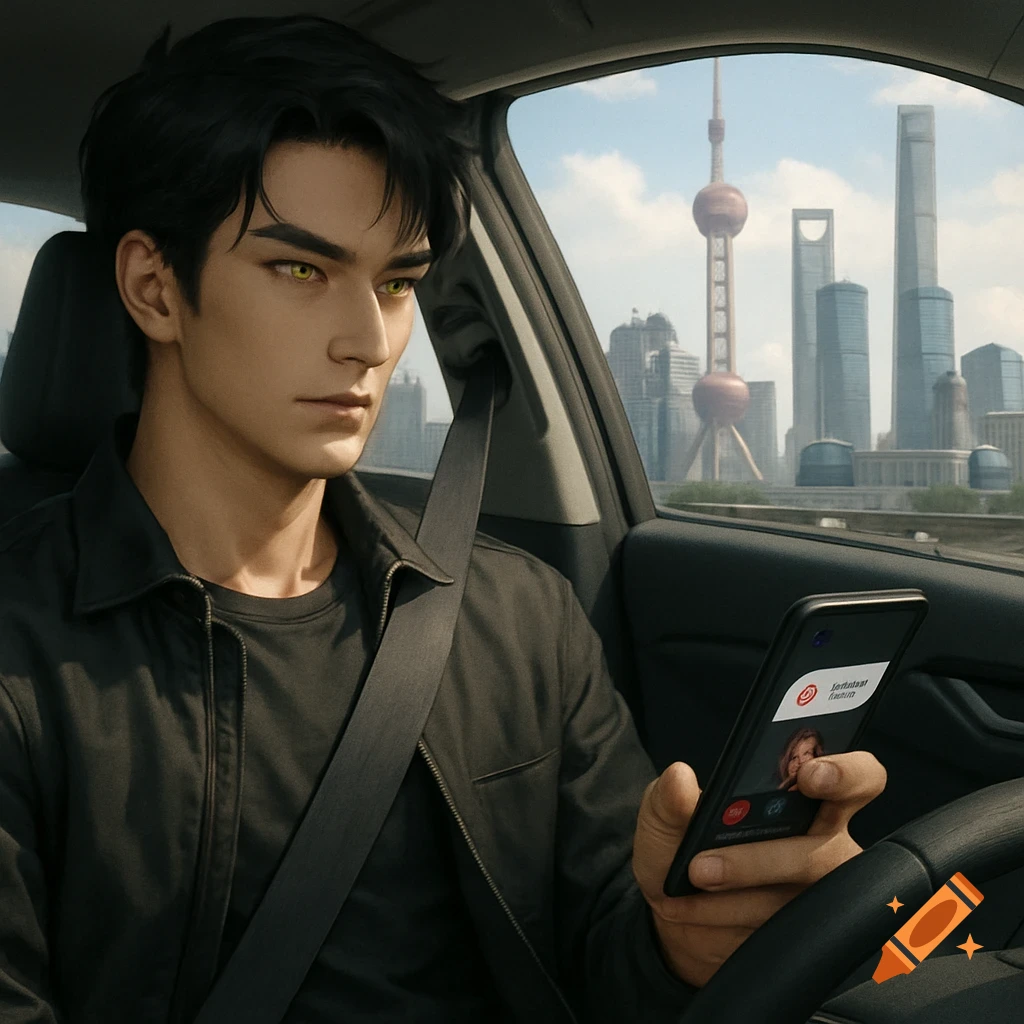 A man with yellow eyes driving a car looks at his phone with the Shanghai skyline in the background.