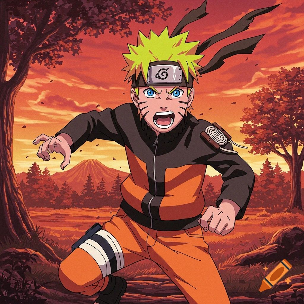 Anime drawing of Naruto Uzumaki running forward in orange and black outfit against a sunset landscape.