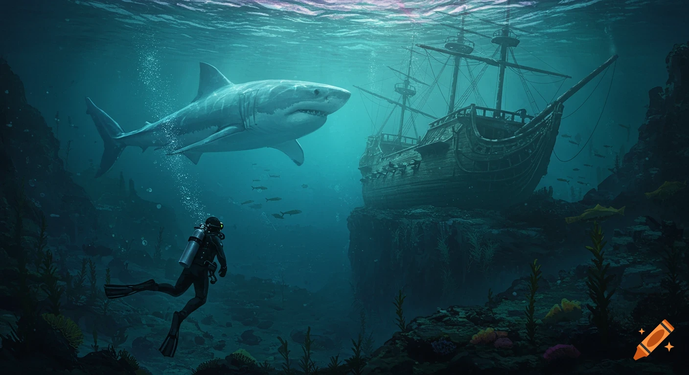 Underwater scene with a diver encountering a large shark near a sunken ship.