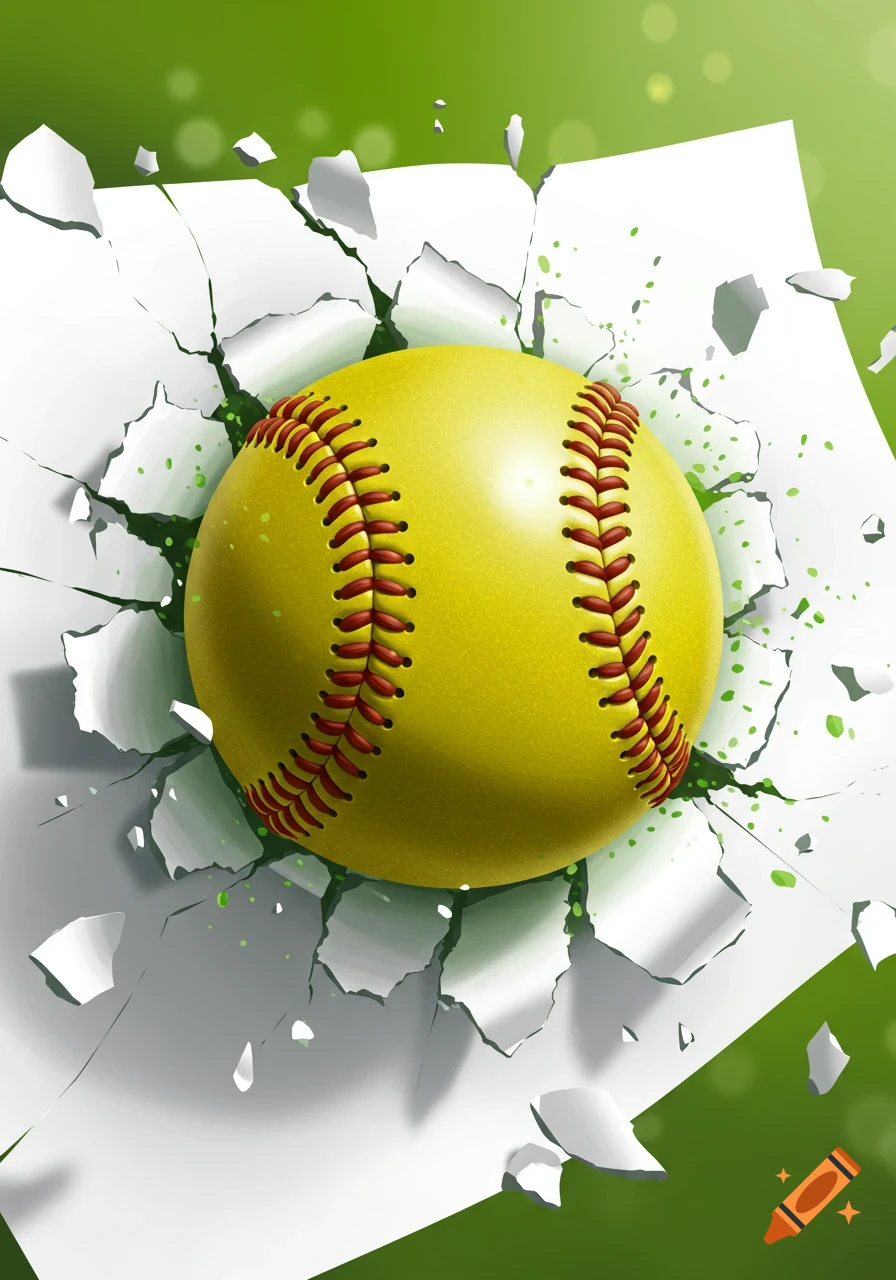 A yellow softball breaks through tearing white paper with a green background.