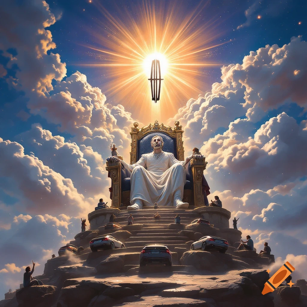 A figure sits on a grand throne atop a mountain, bathed in sunlight with a logo above, while small figures and cars gather below.