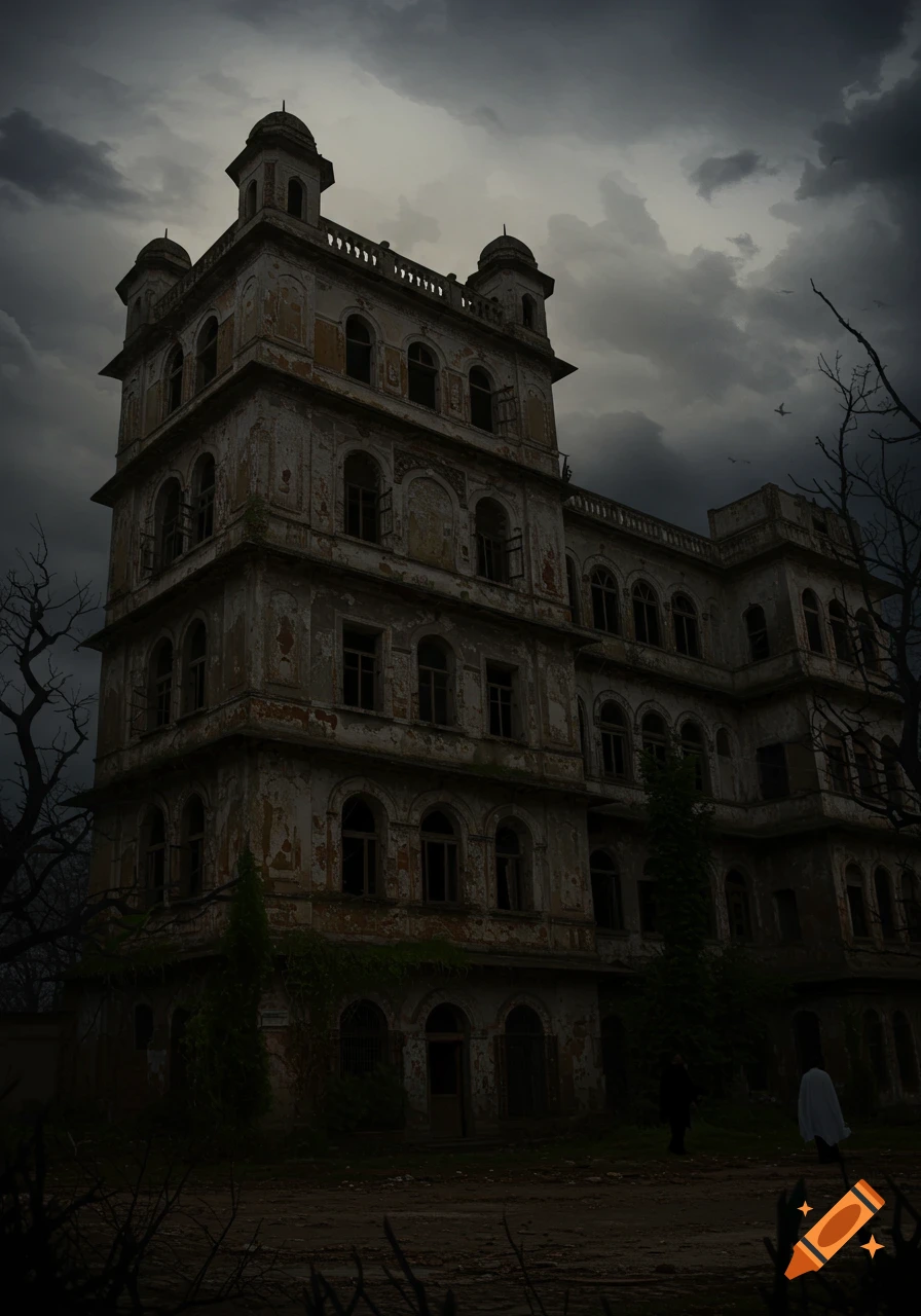 A large, decaying building stands under a dark, stormy sky, with bare trees in the foreground. Photorealistic.