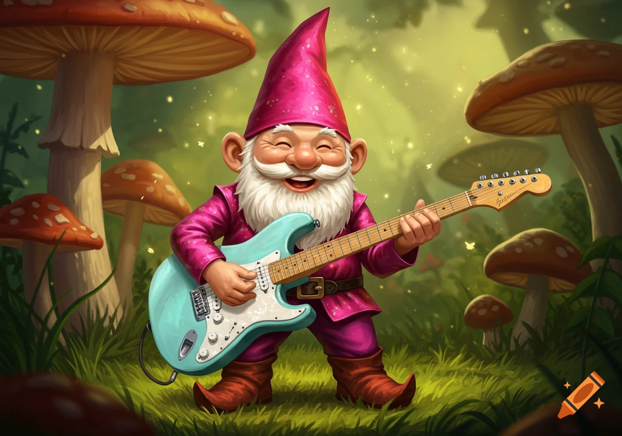 A cheerful gnome in a pink suit plays a light blue electric guitar in a mushroom forest.