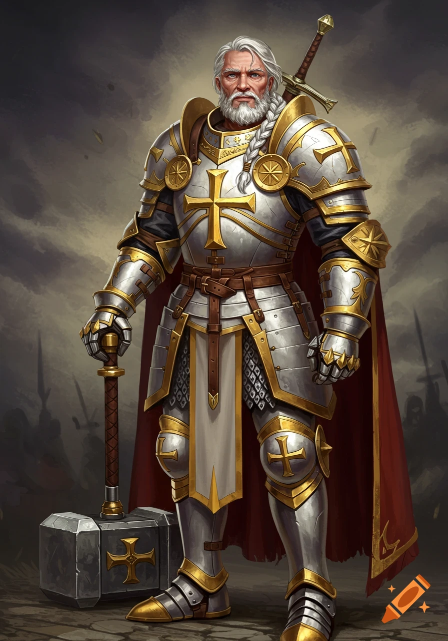 An older male paladin in white and gold armor holding a hammer, fantasy art.