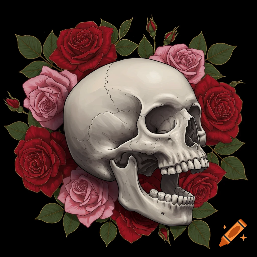 Illustration of a skull with an open mouth surrounded by red and pink roses