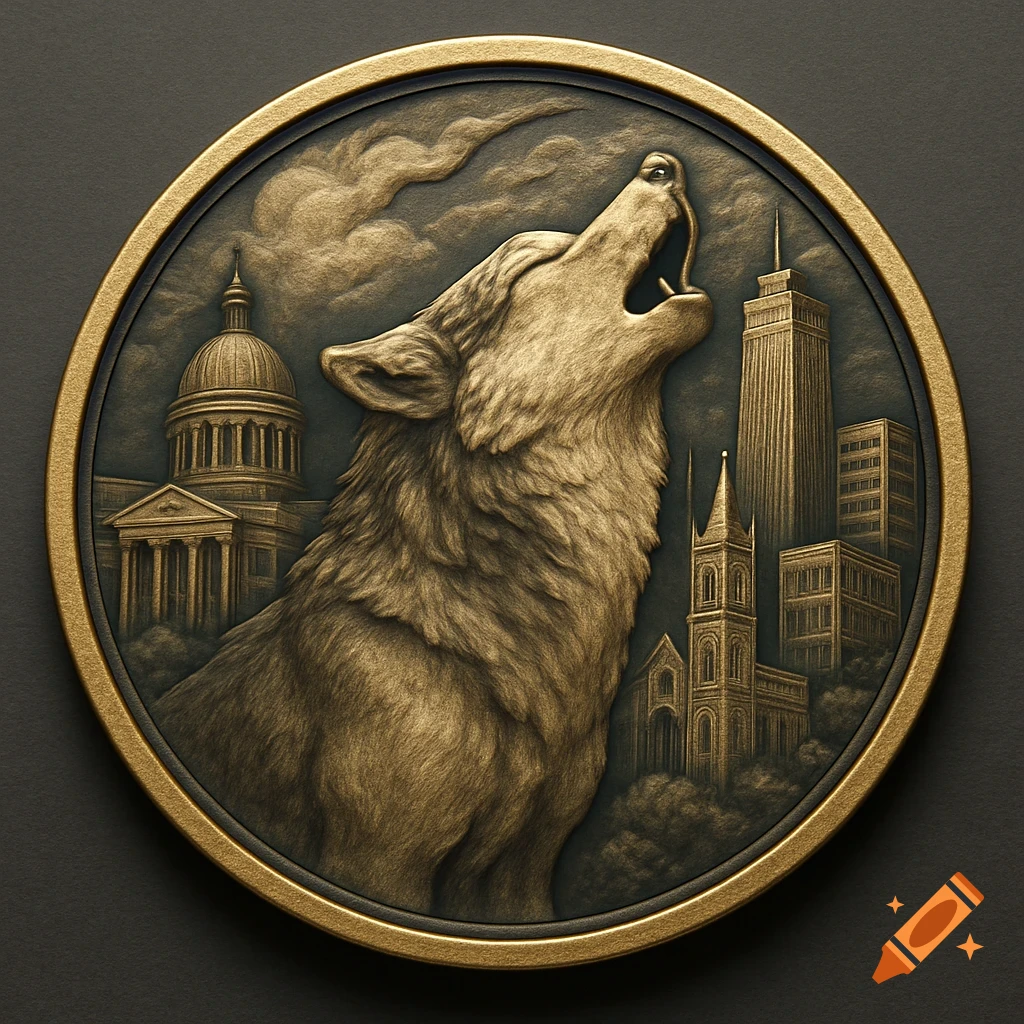 Bronze challenge coin relief sculpture of a wolf howling with a capitol building and skyscrapers in the background.