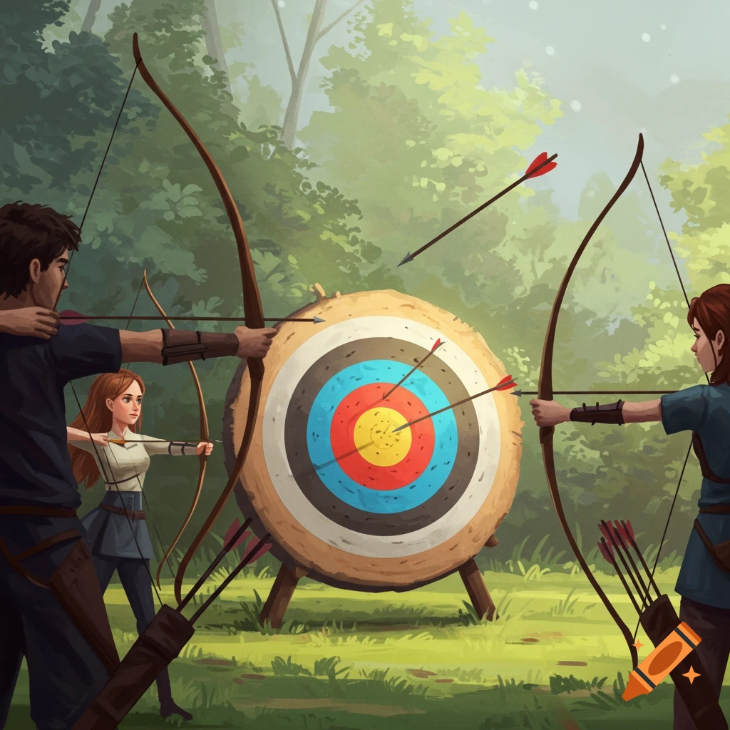 People practice archery, shooting arrows at a target in a forest.