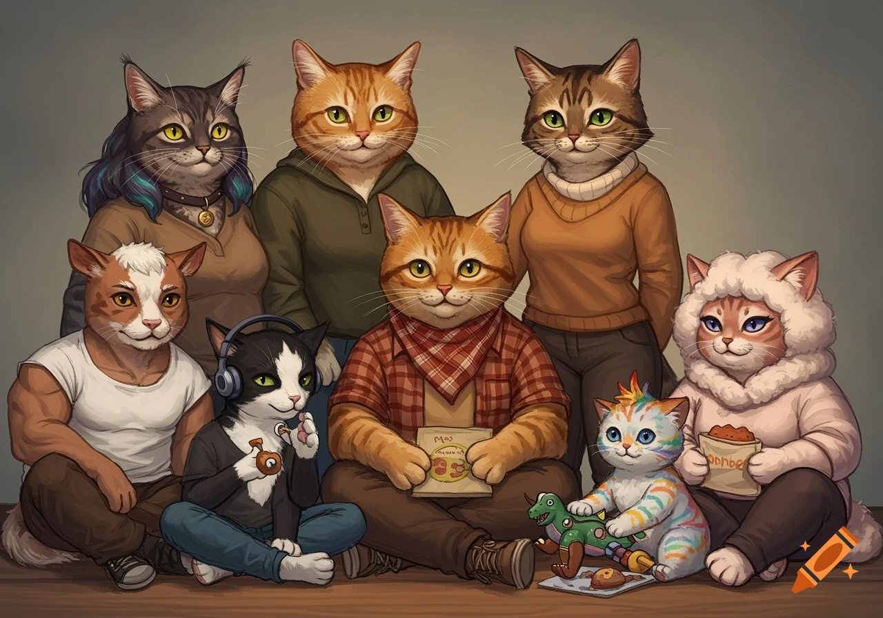 Group portrait of anthropomorphic cats and humans dressed as cats in an illustrated style