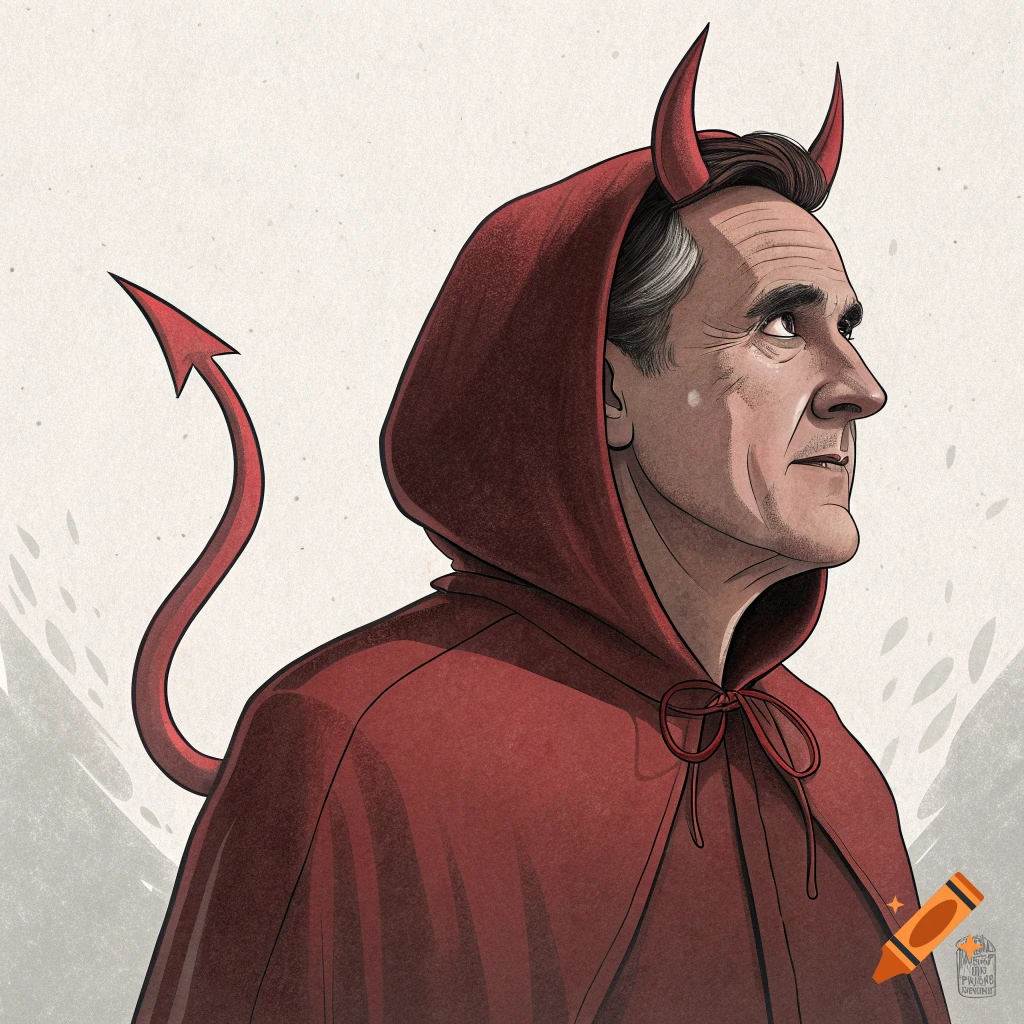Illustration of a man wearing a red devil hooded cape, horns, and tail.