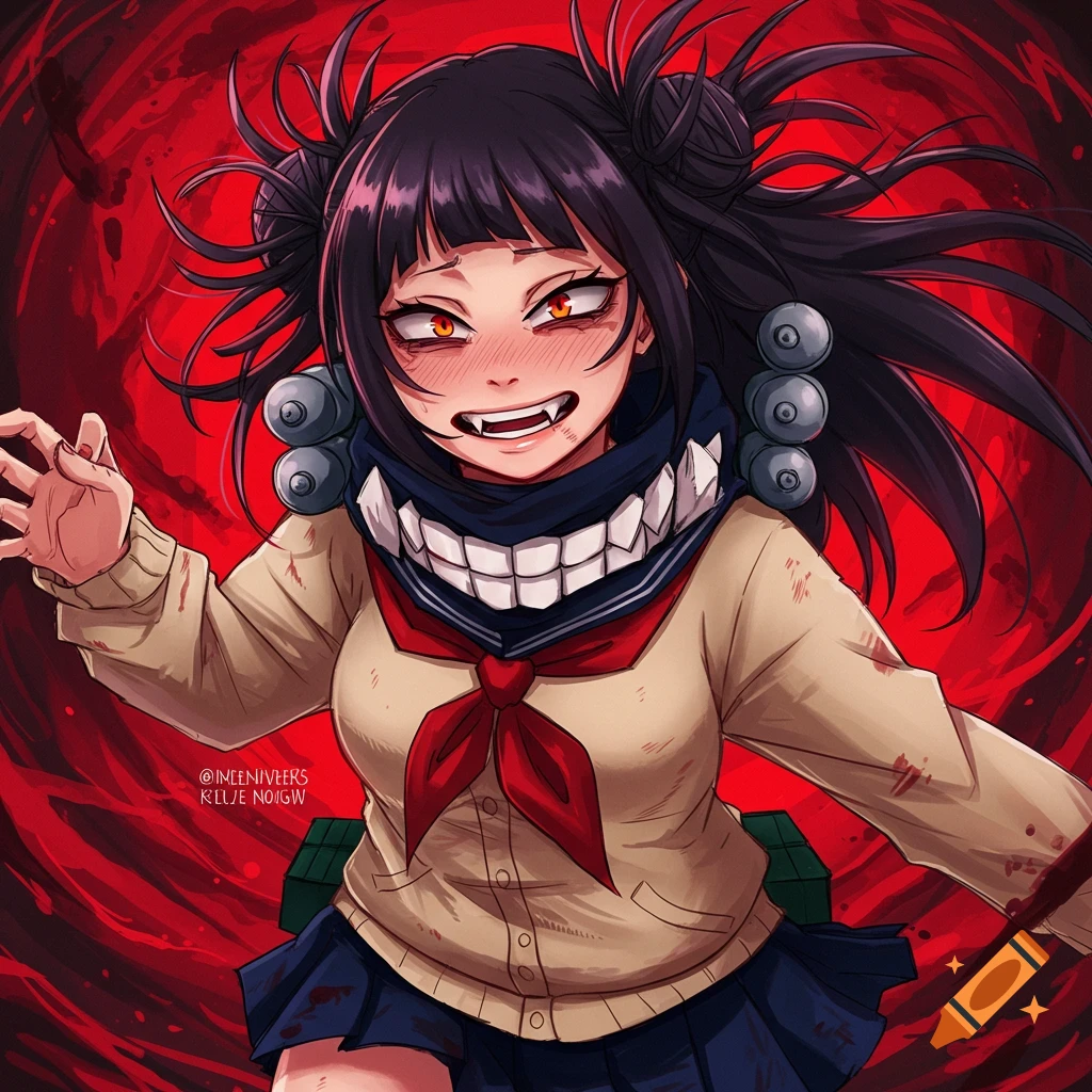 Anime character with messy dark buns, sharp teeth, and blood splatters wears a school uniform against a red background.