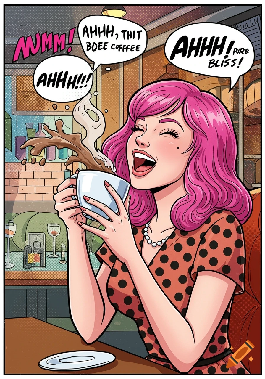 Comic book style illustration of a woman with pink hair smiling and holding a steaming cup of coffee in a cafe.