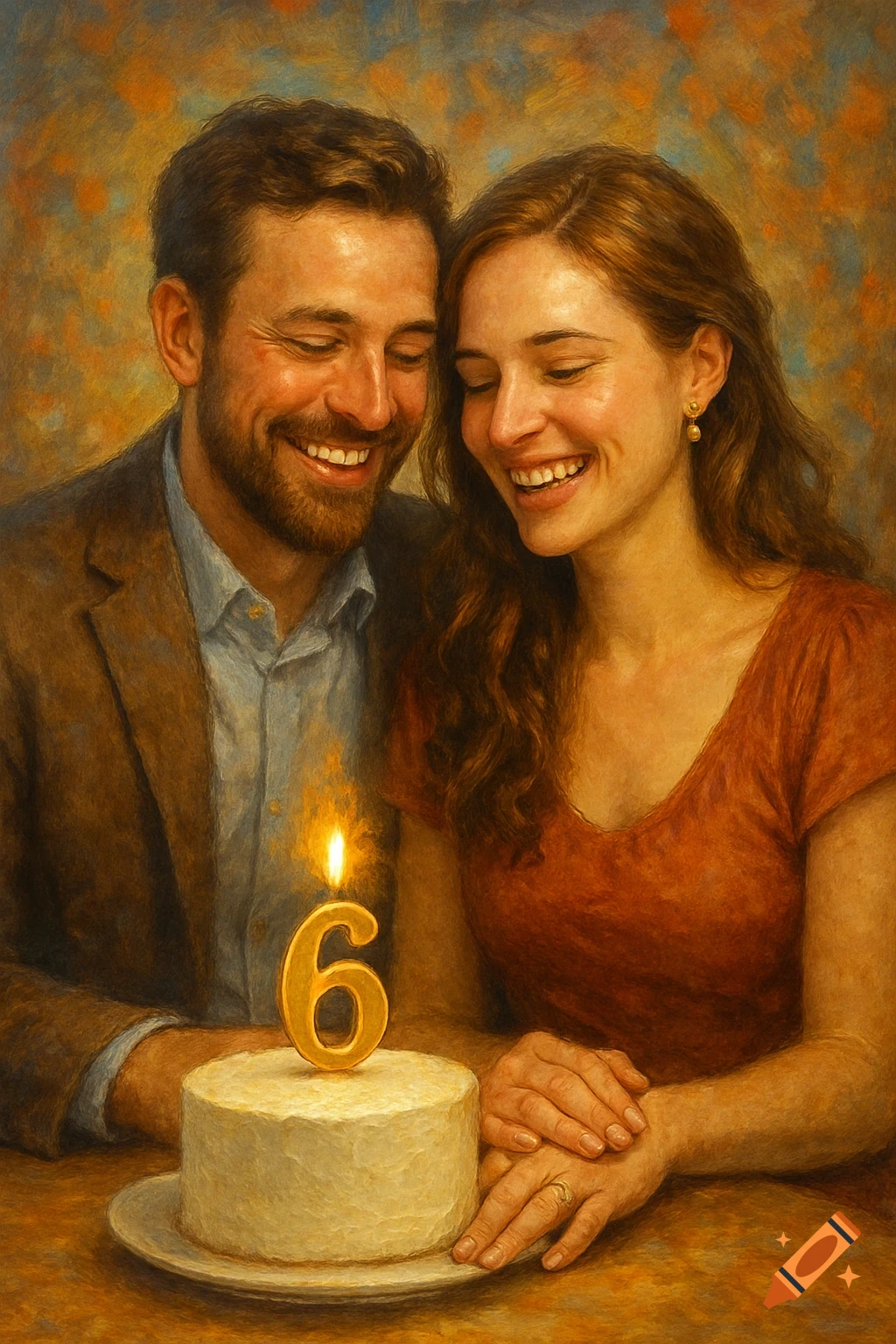 A smiling couple looks at a cake with a gold number 6 candle, painted in warm tones.