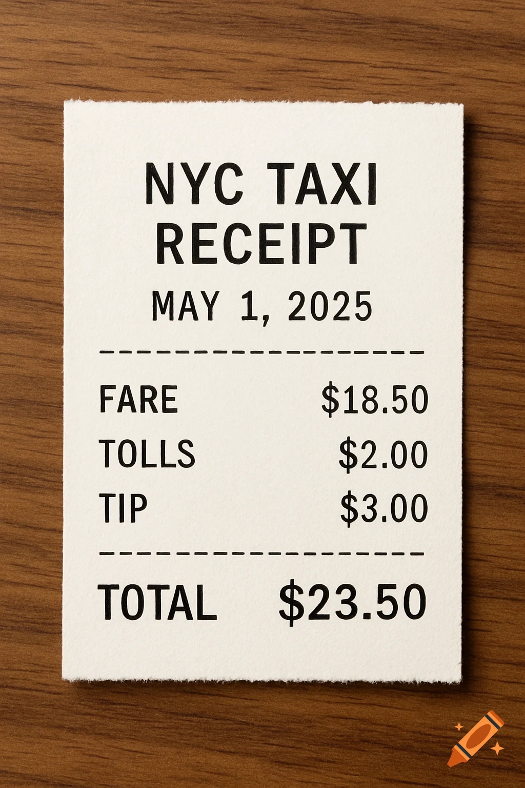 A close-up photo of an NYC taxi receipt showing the date May 1, 2025, and a total of $23.50.