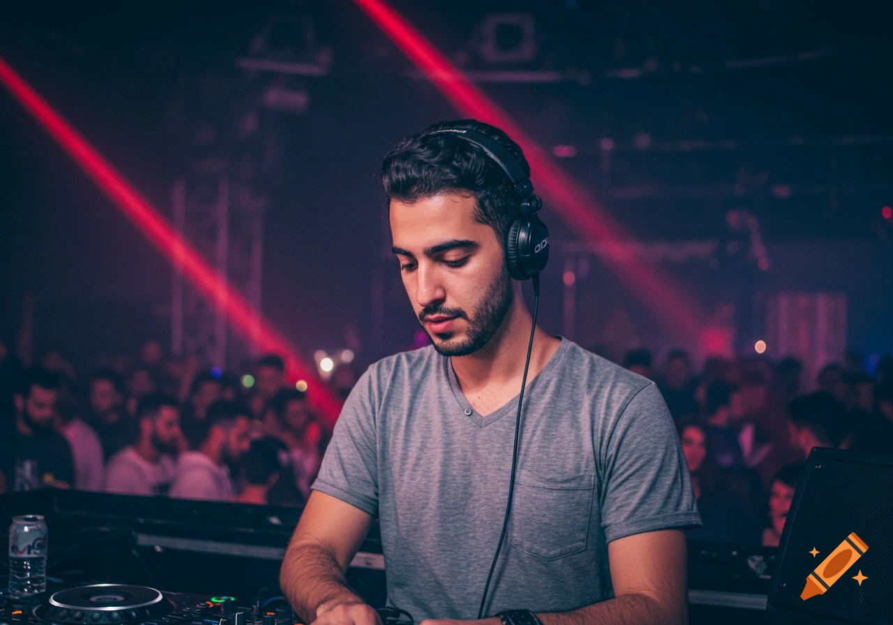 Man wearing headphones standing at a DJ mixing board in a dark club with red lasers