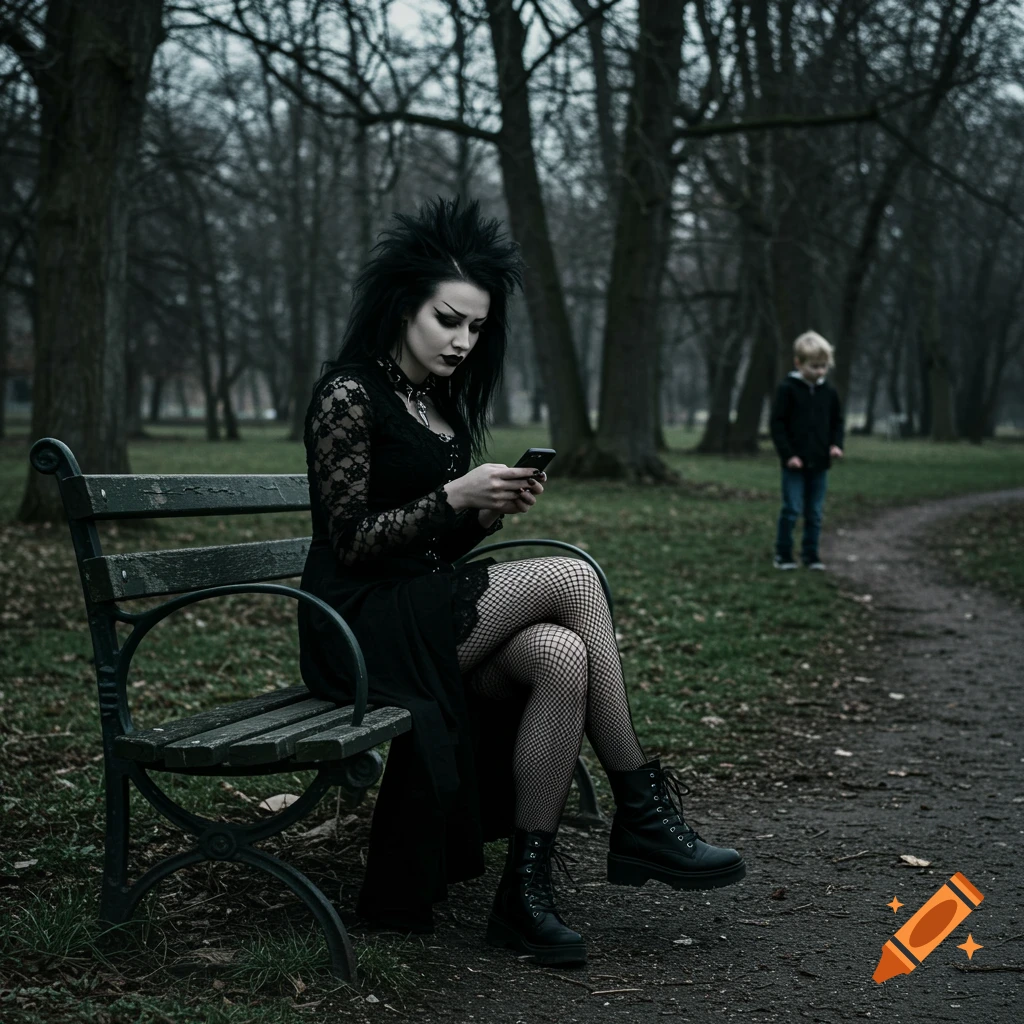 Goth woman sits on a park bench looking at her phone, a child stands in the background.