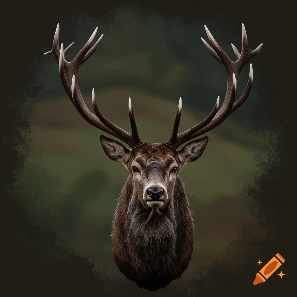 Detailed digital painting of a Scottish Red Deer stag head with large antlers against a dark, blurry background.