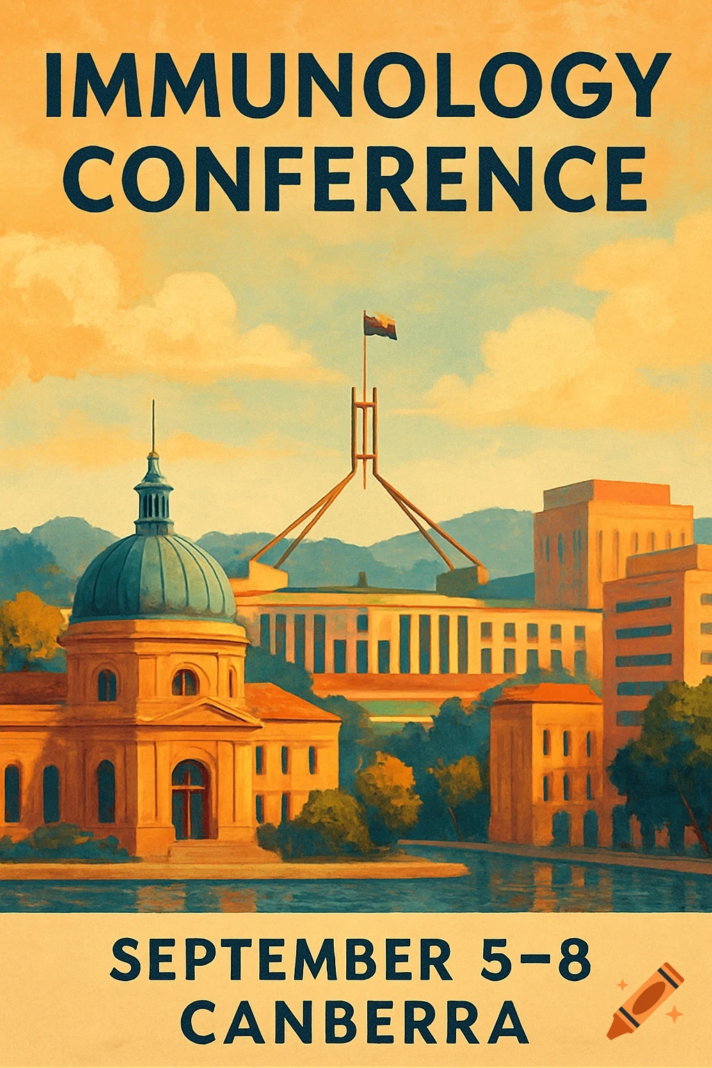 Poster for an immunology conference in Canberra featuring buildings resembling Parliament House and Old Parliament House, vintage style.
