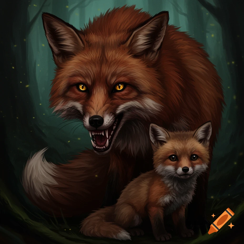 A large red fox with glowing eyes and bared teeth stands behind a small fox cub in a dark forest.