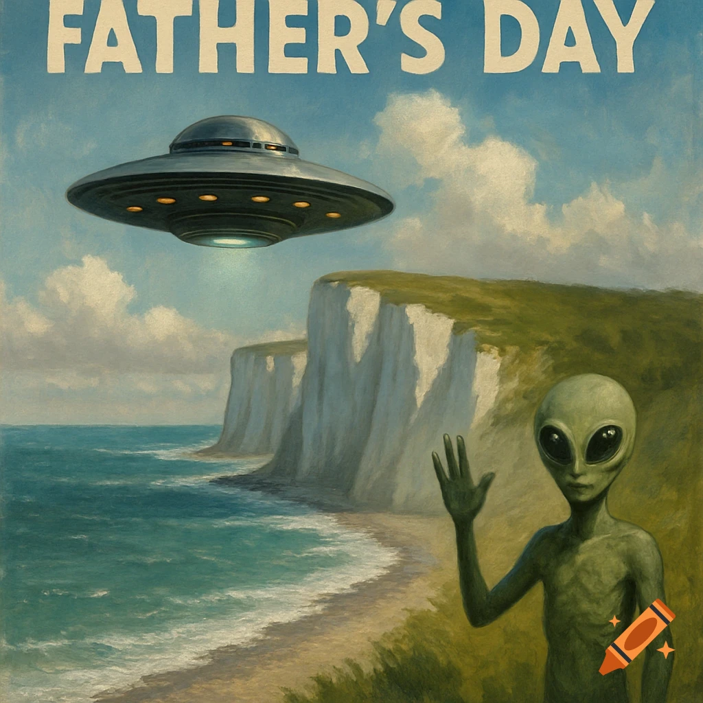 Painting of a UFO over white cliffs and beach with an alien waving. Text: FATHER'S DAY.
