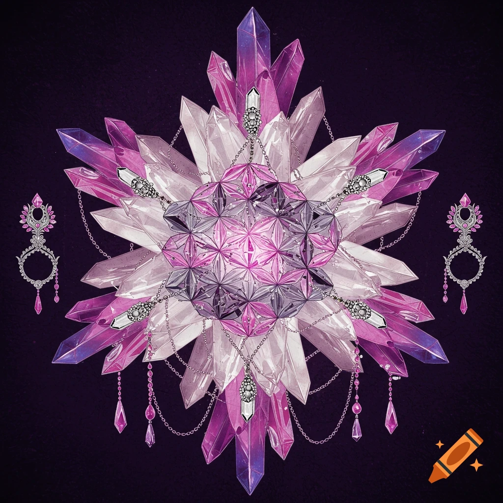 A starburst design made of pink, white, and purple crystals with silver jewelry on a dark background.