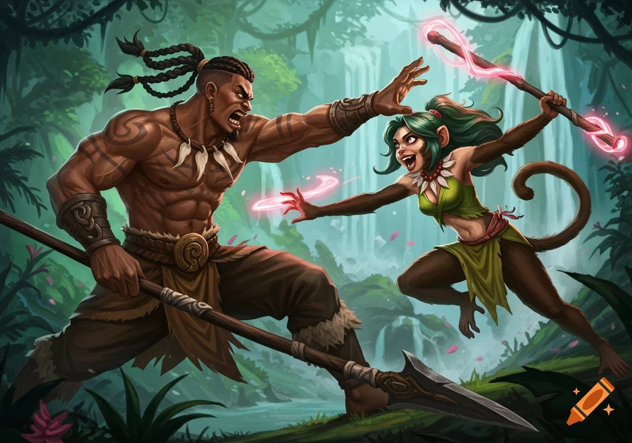 Muscular human warrior battles a monkey-like female sorcerer in a jungle illustration.