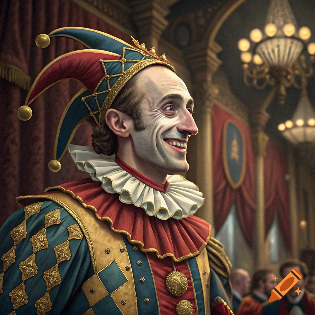 A man in a jester costume stands in a large hall.