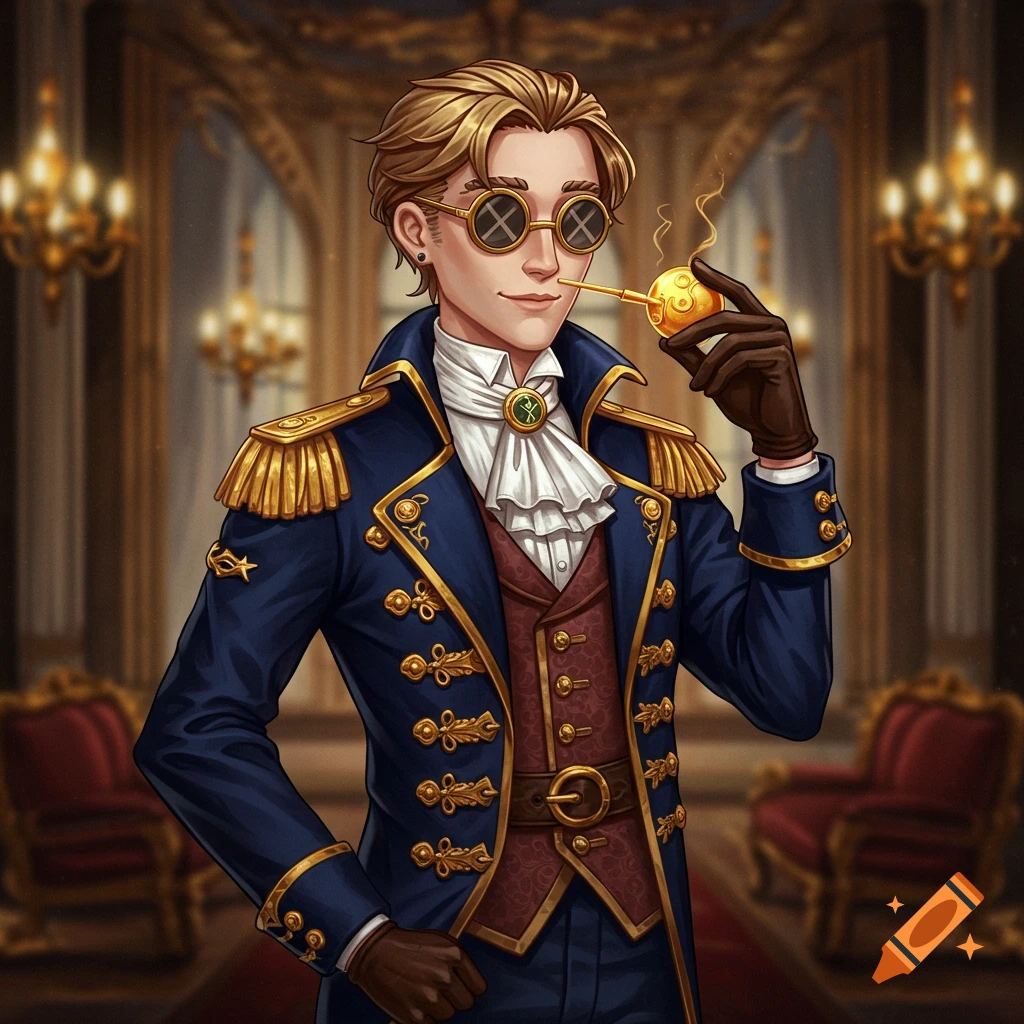 Illustration of a man in ornate steampunk uniform and goggles smoking a pipe in a grand interior.