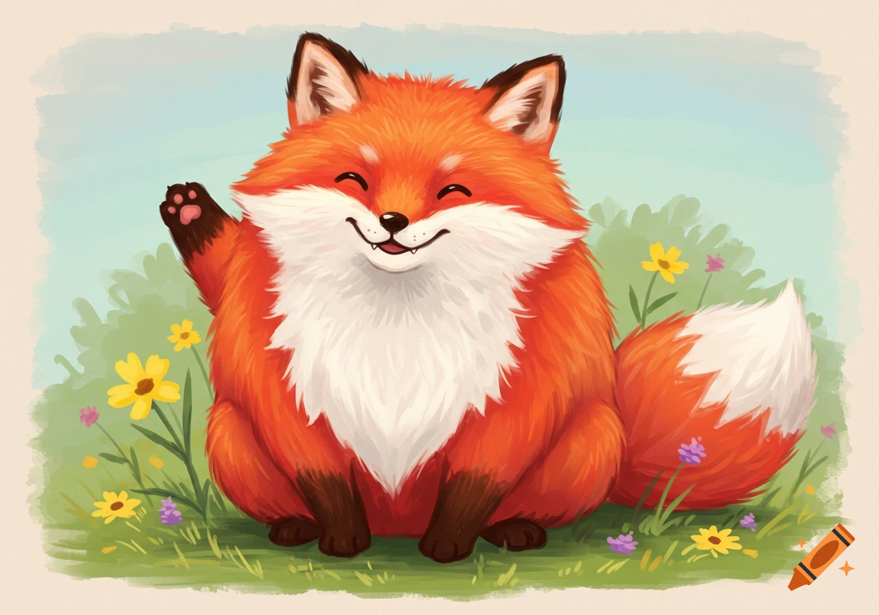 A cute, chubby cartoon fox waves from a grassy field with flowers in a watercolor style.