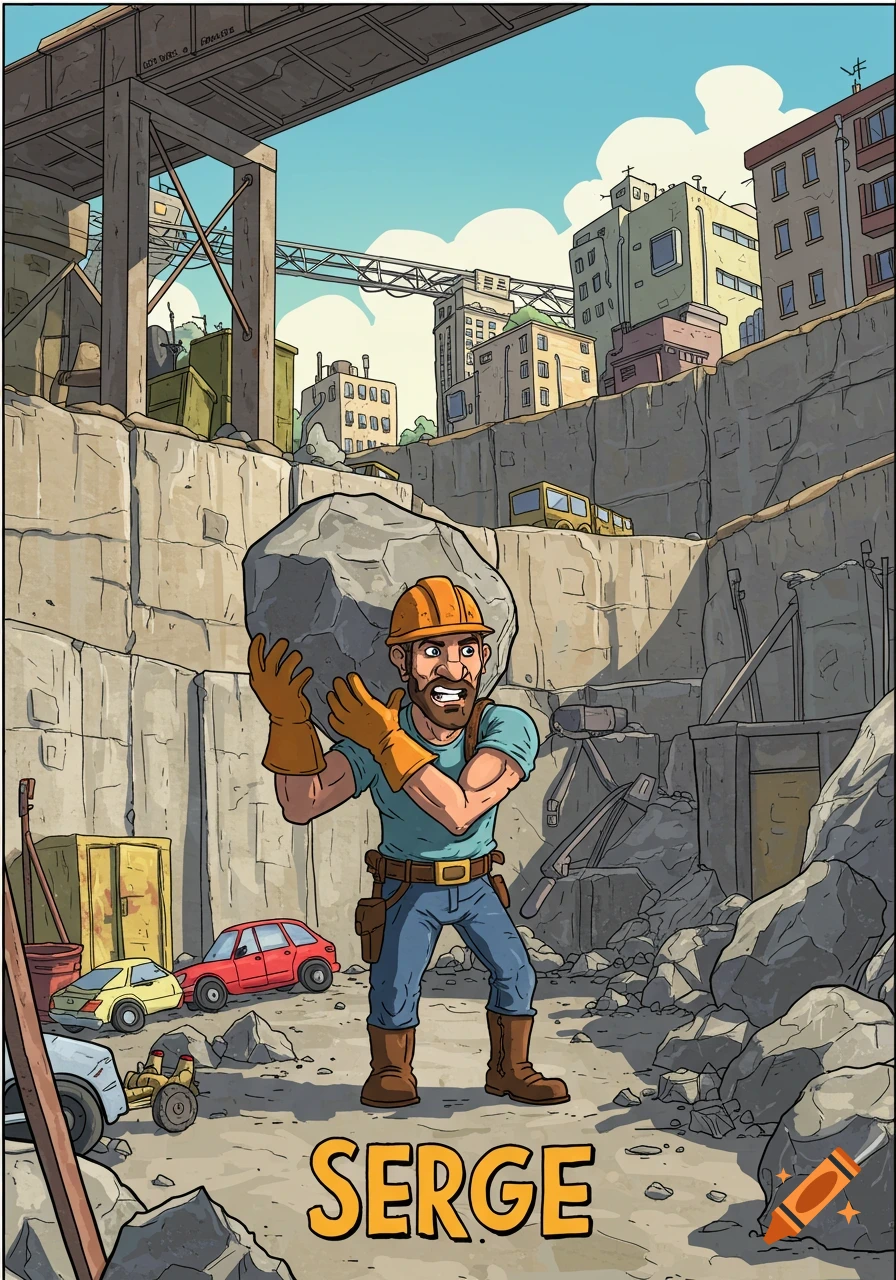 Cartoon of a construction worker carrying a large rock in an urban quarry with 'SERGE' text.