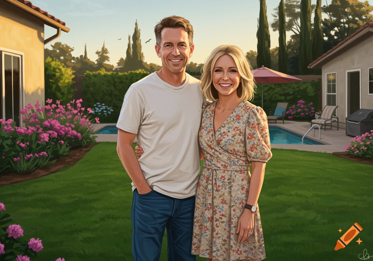 A couple smiles in a sunny backyard with a pool and pink flowers, depicted in a painterly style.