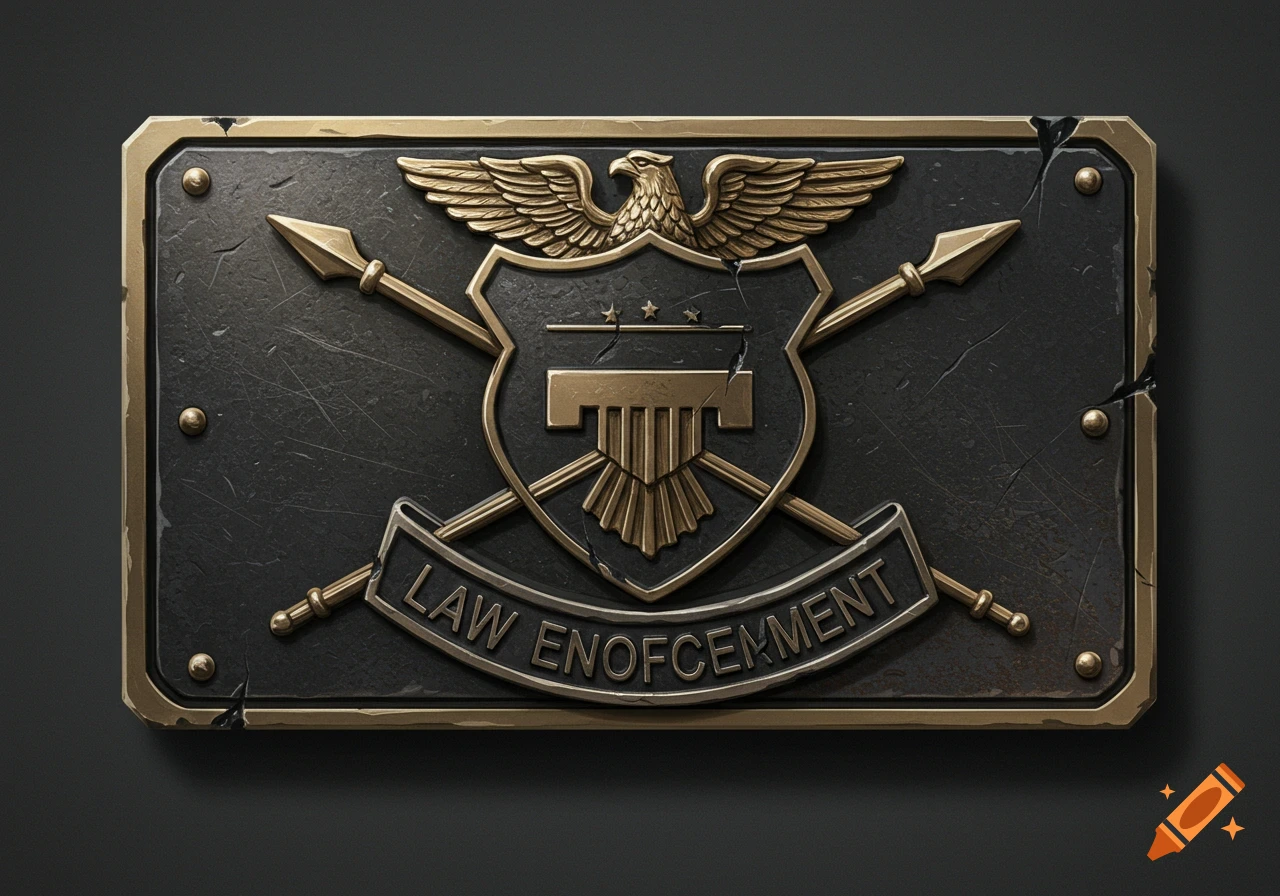 A rectangular law enforcement badge or emblem featuring an eagle atop a shield with stars and pillars, crossed spears, and a banner reading "LAW ENOFCEMMENT".