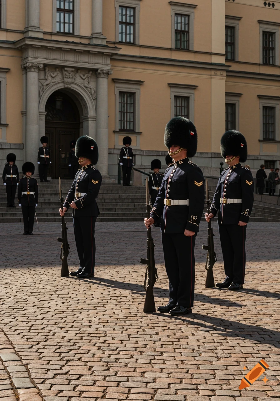 Soldiers in tall furry hats and dark uniforms stand guard on a cobblestone plaza in front of a building.
