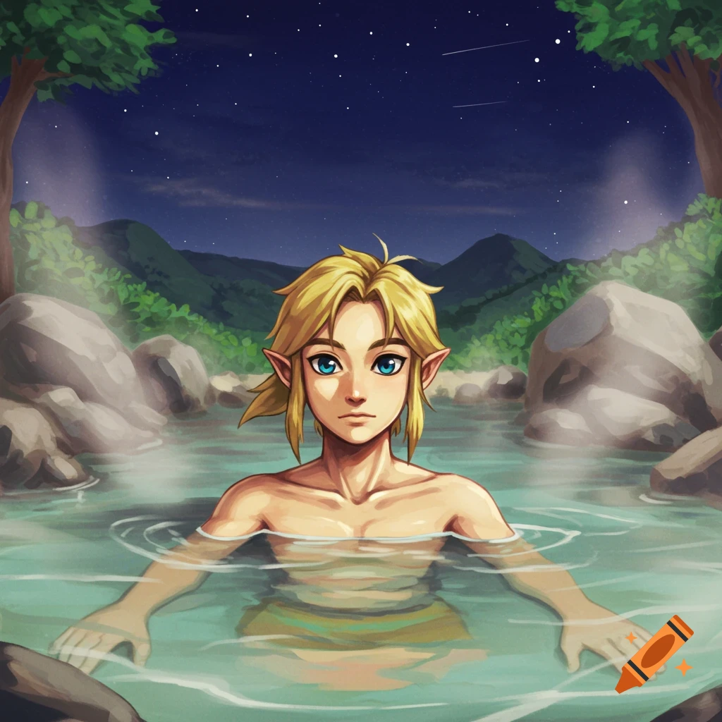 Illustration of Link from Legend of Zelda relaxing in a hot spring at night.