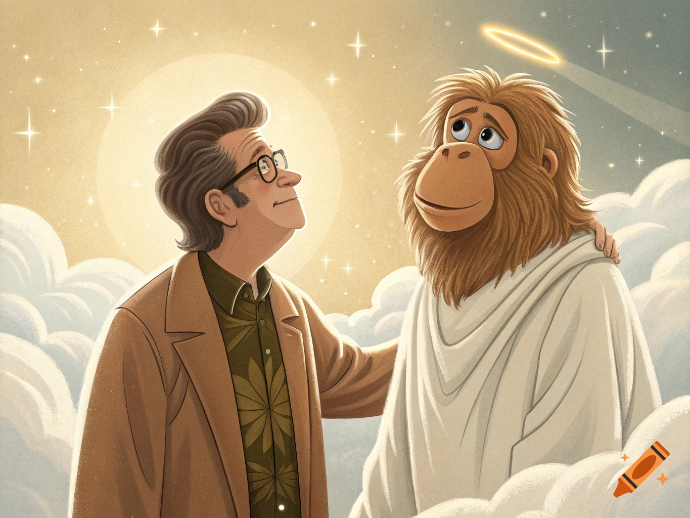 Illustration of a man with glasses and a furry character in a robe and halo floating in clouds.