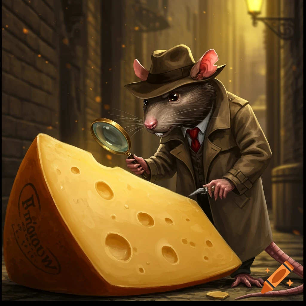 A rat detective examines a large piece of Swiss cheese with a magnifying glass in a dark alley.