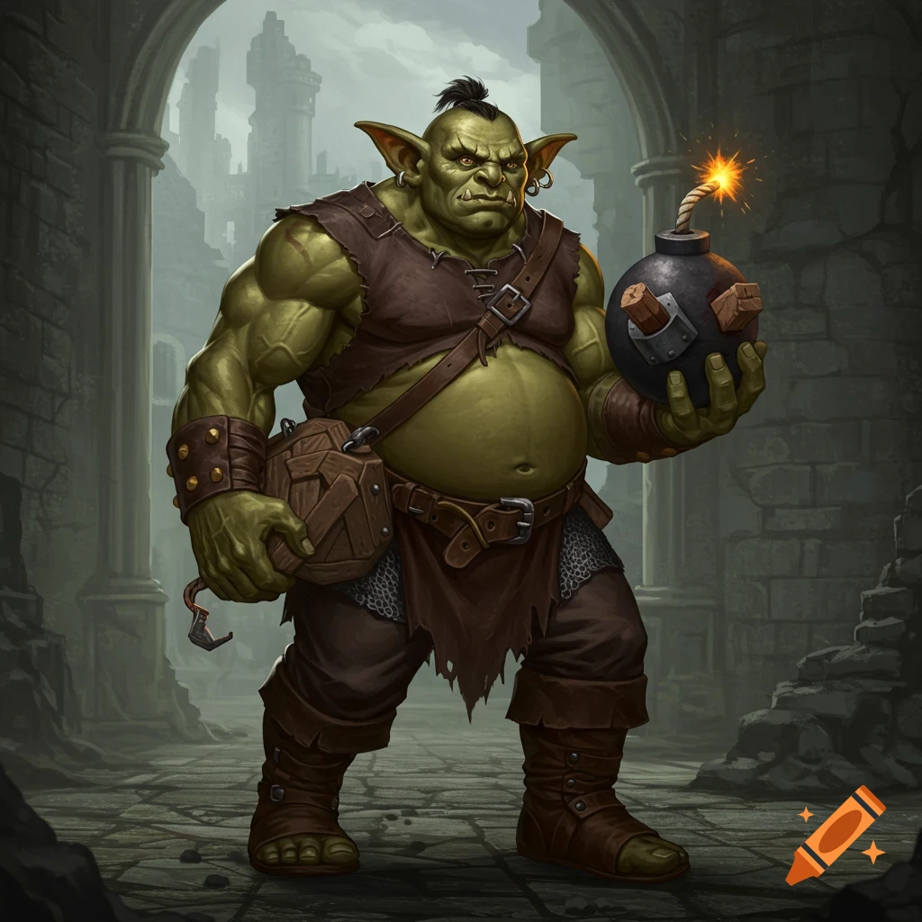 A muscular green fantasy creature, possibly an orc or goblin, stands holding a lit bomb in a ruined stone hallway.