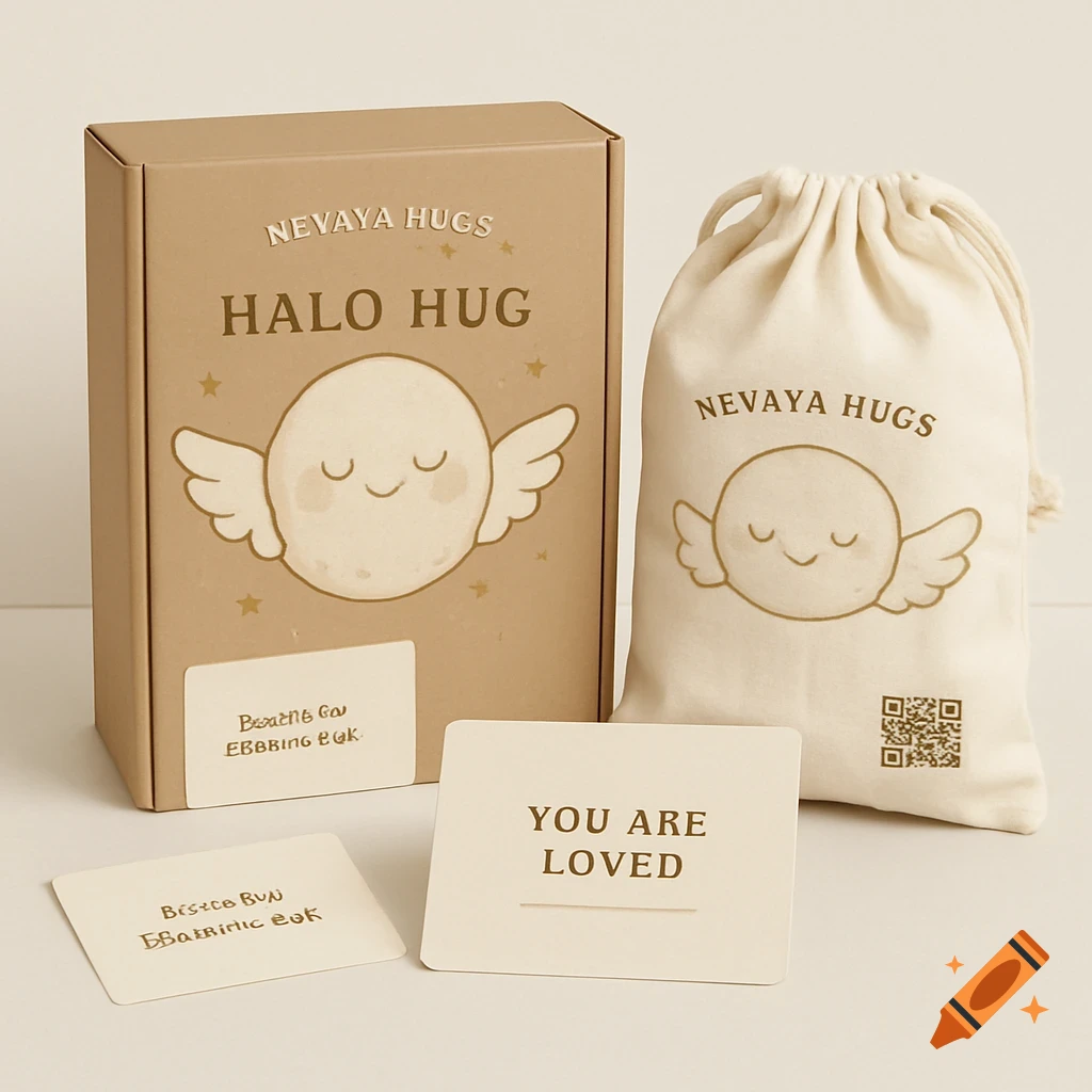 Product packaging featuring a box labeled "Halo Hug" with a cartoon angel and a cloth bag, alongside message cards.