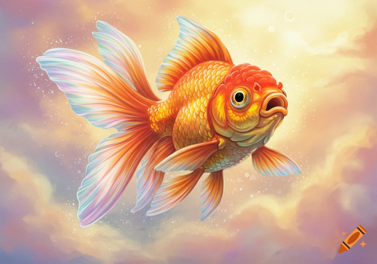 A stylized illustration of a goldfish flying through a cloudy sky.